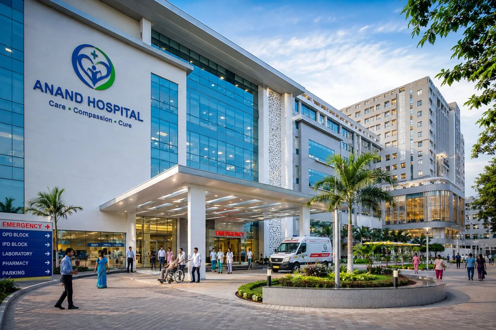 Busy Indian hospital lobby with OPD, billing and pharmacy departments