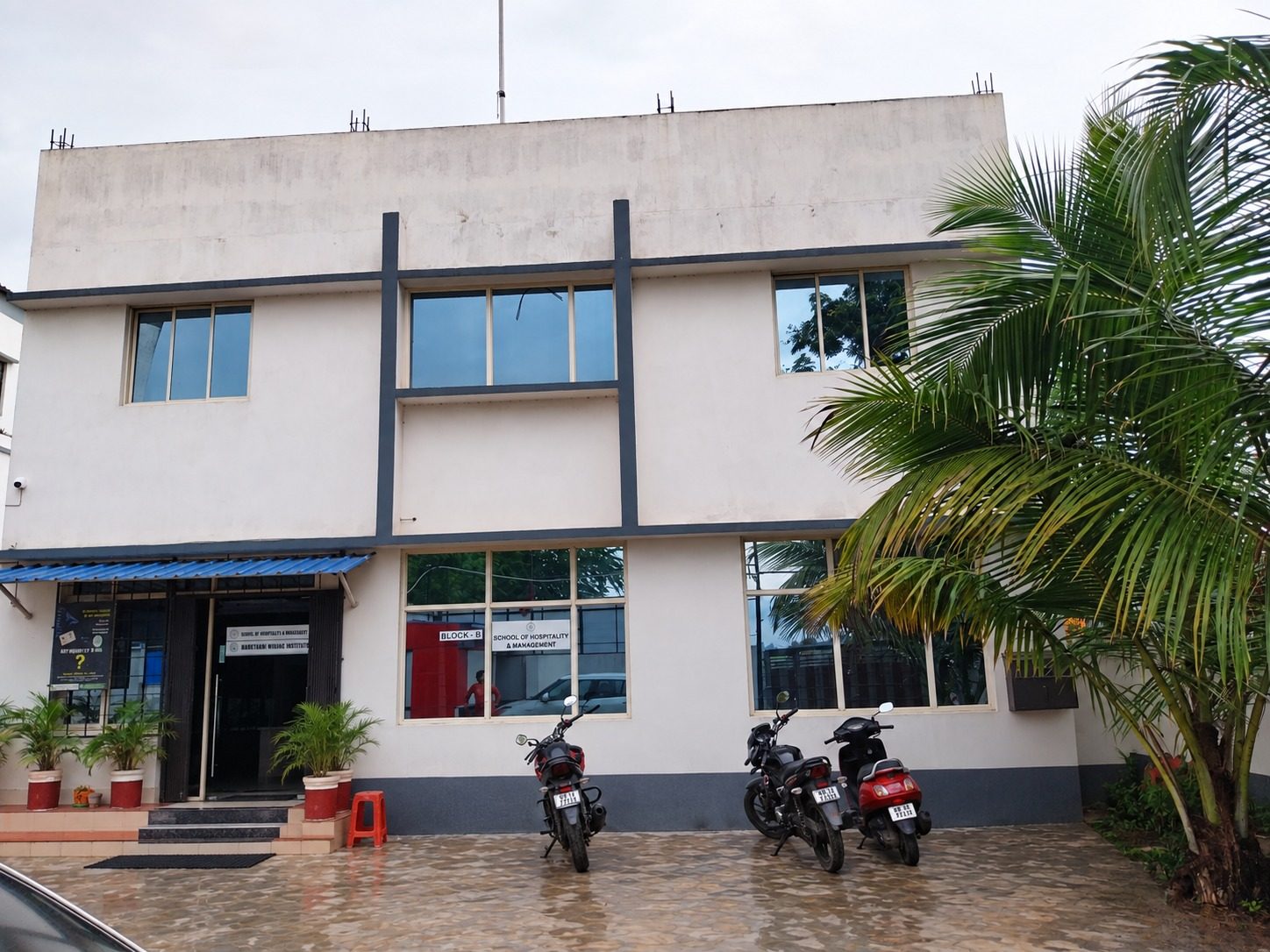 The Block B frontage at School of Hospitality & Management, Durgapur, seen from the approach road