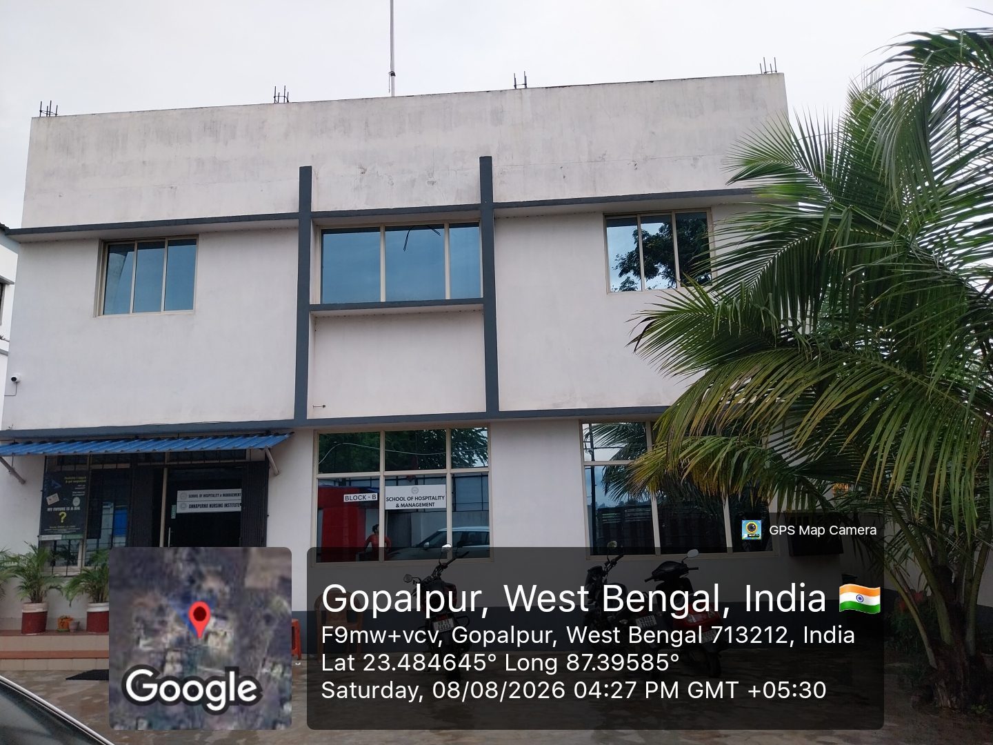 The Block B frontage at School of Hospitality & Management, Durgapur, seen from the approach road
