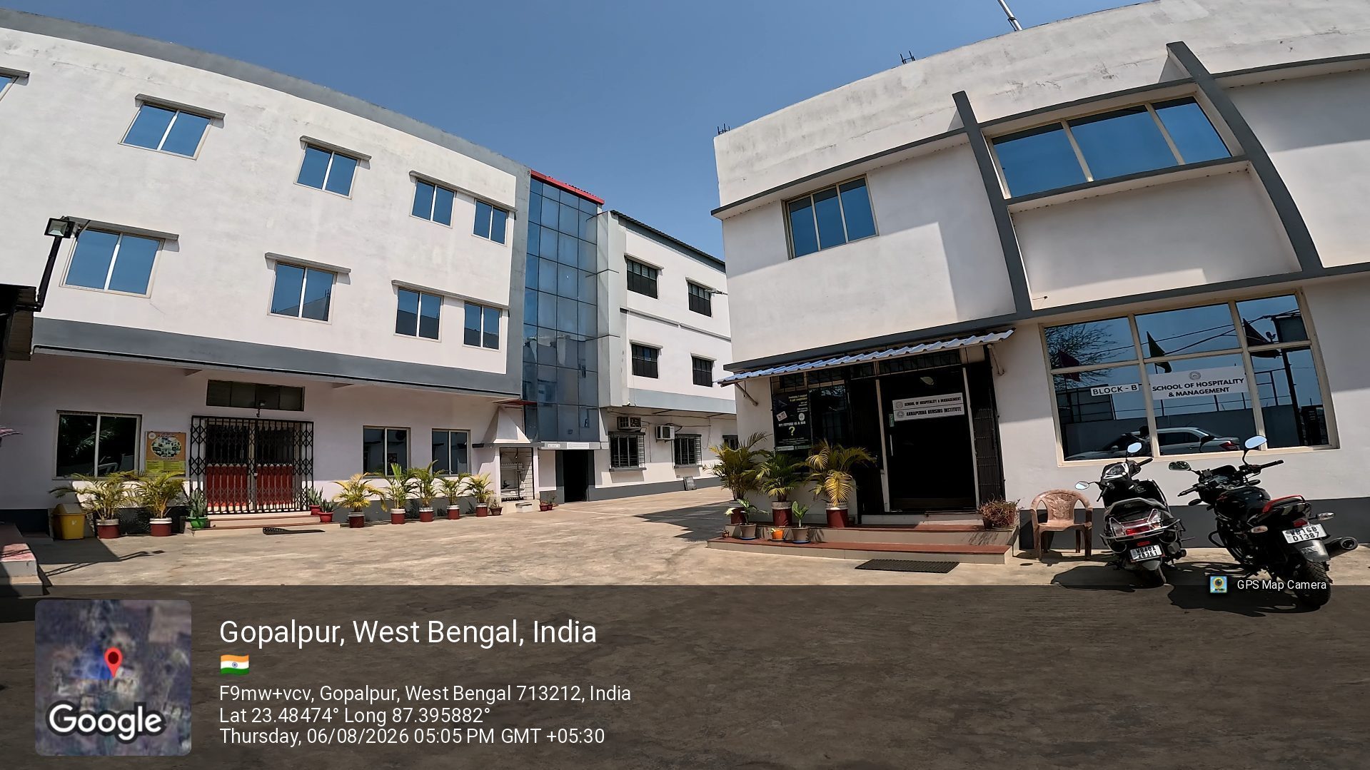 The front courtyard of School of Hospitality & Management, Durgapur, with the Block B entrance on the right and the academic block on the left
