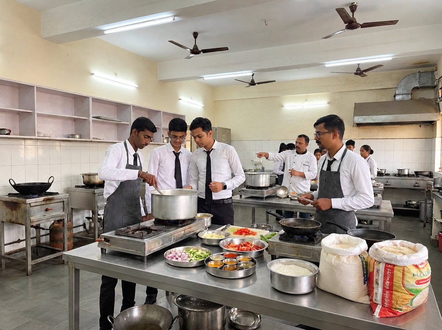 Hotel management students cooking under a chef instructor in the food production lab at School of Hospitality & Management, Durgapur