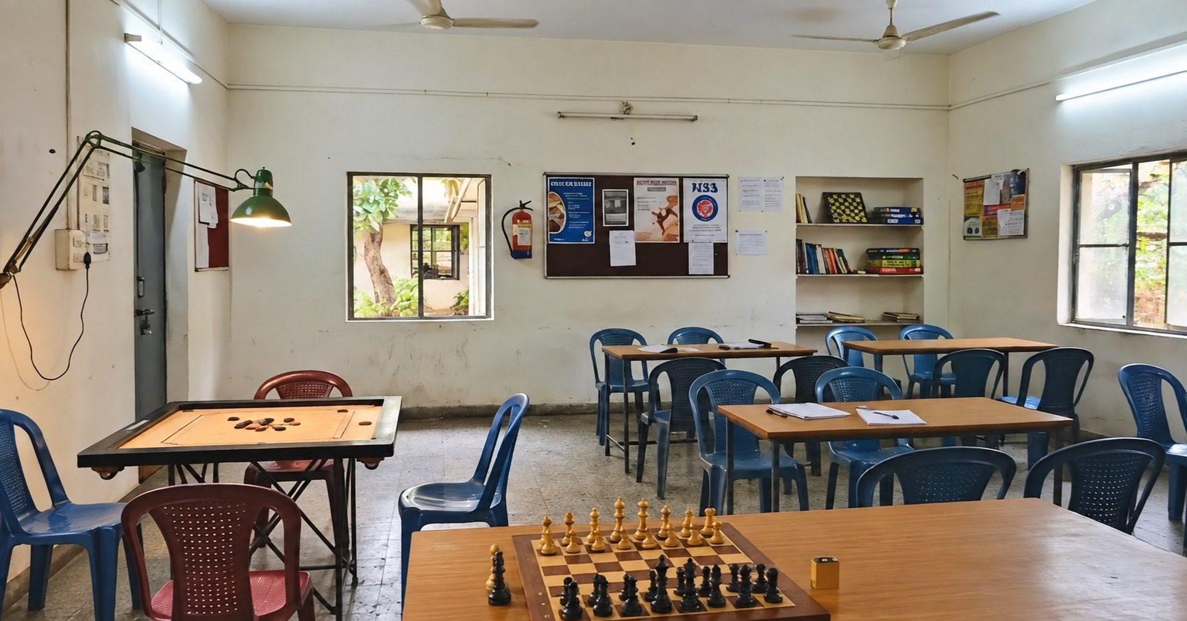 The student recreation room at School of Hospitality & Management, Durgapur, with carrom and chess boards and the notice board