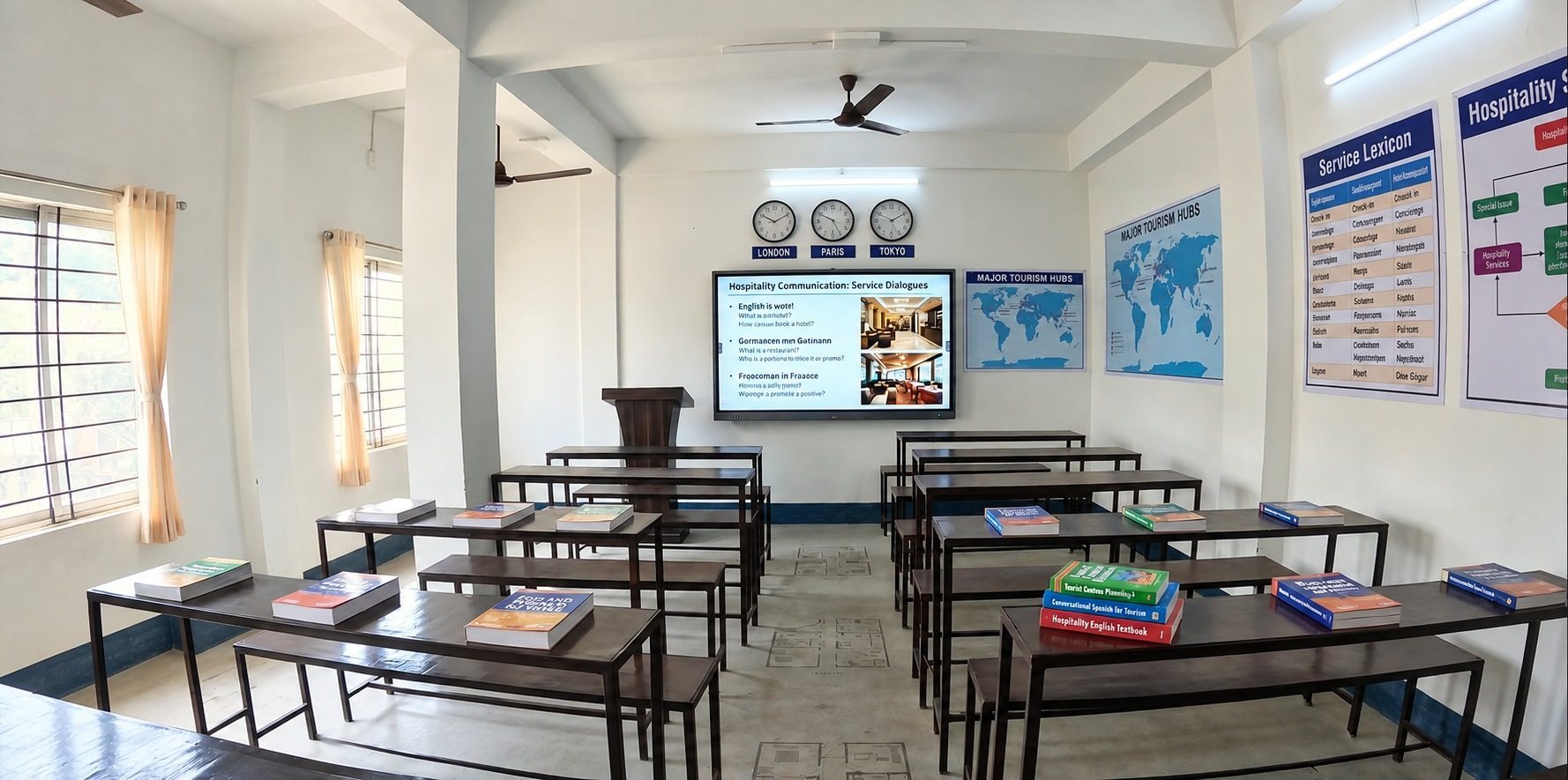 A smart classroom at School of Hospitality & Management, Durgapur, with a display screen, service-lexicon charts and world clocks for London, Paris and Tokyo